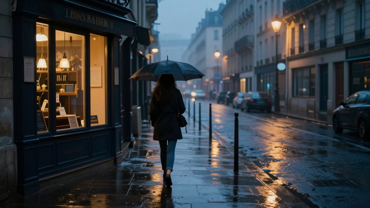 A solitary woman walking under an umbrella on a rainy Paris street past a cozy bookstore.