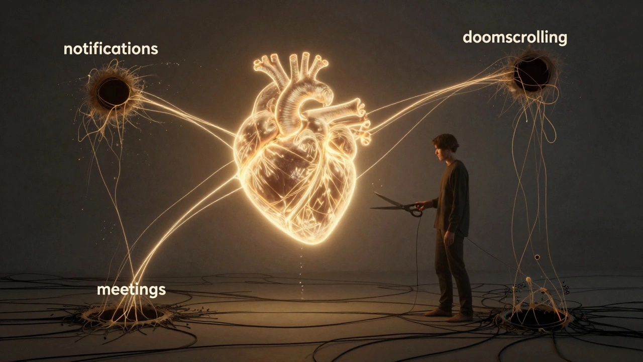 Abstract energy threads connecting to a person, some bright, others draining into darkness.